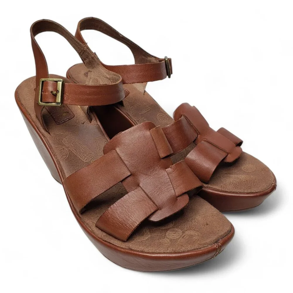 Korks by Kork Ease Platform Wedge Women's Della Brown Leather Strappy Buckled 10